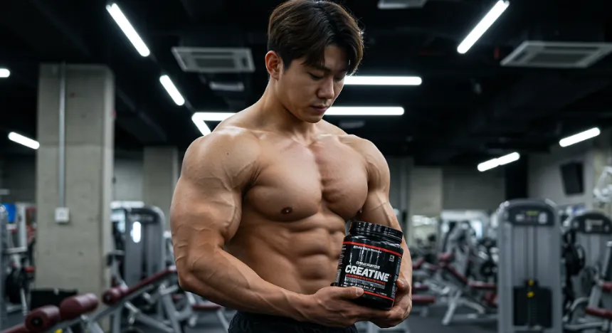 크레아틴 보충제를 들고 보는 남자 이미지