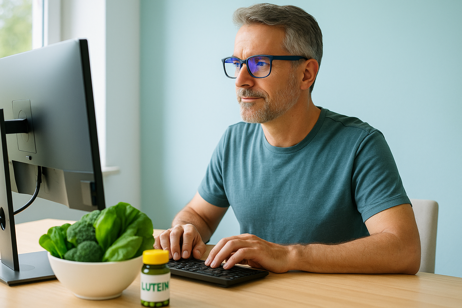 눈 건강을 위해 루테인 함유 식품을 섭취하고 블루라이트 차단 안경을 착용한 현대인의 생활 습관 장면