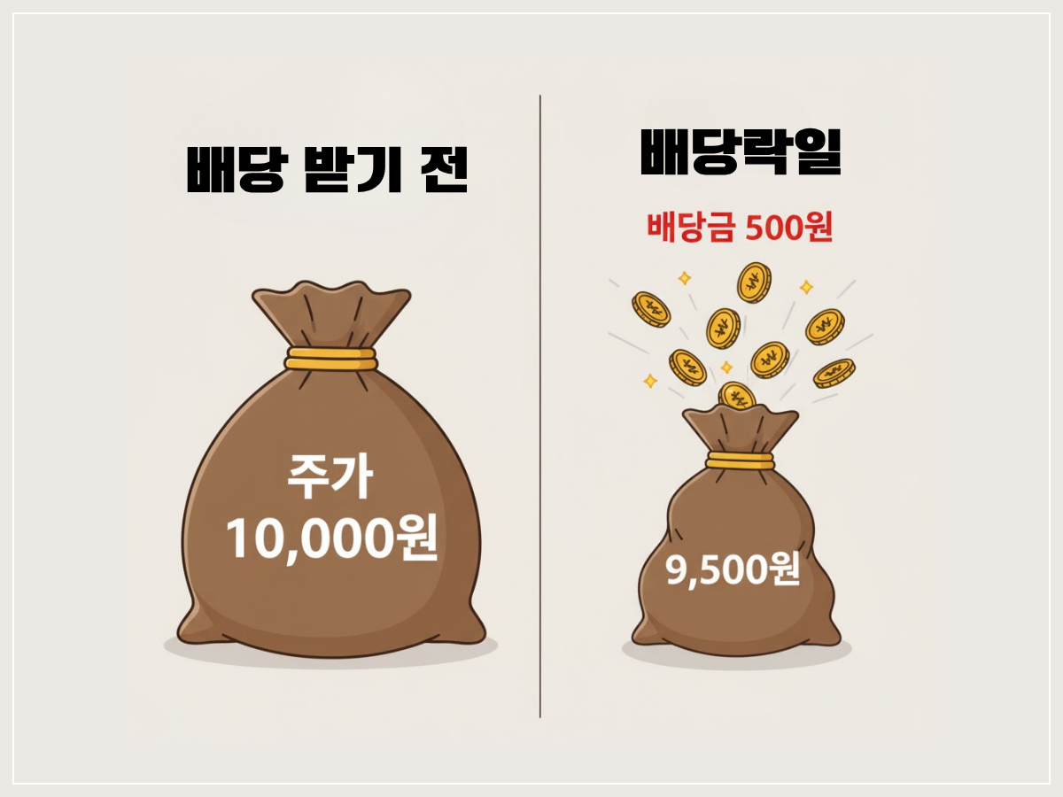 세상에 공짜 점심은 없습니다. 배당을 받을 권리가 확정된 다음 날(27일), 주가는 딱 배당금만큼 '하락'해서 시작합니다. 이것이 '배당락'입니다.