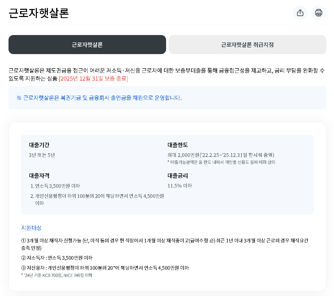 근로자햇살론 제품 설명
