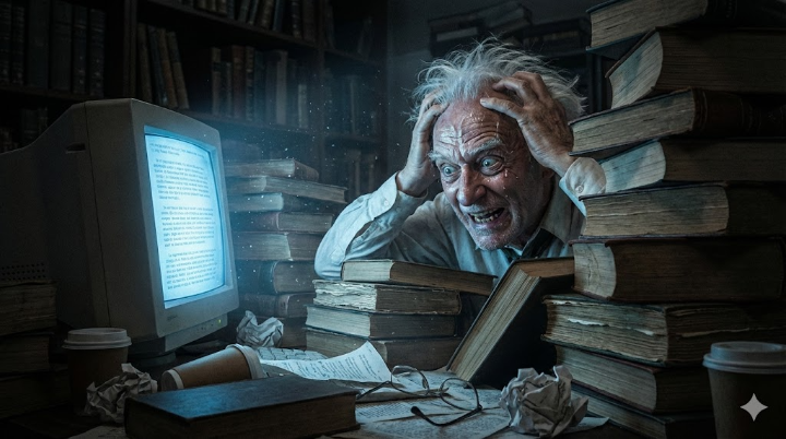 어두컴컴한 도서관 서고, 수백 권의 책 사이에 파묻혀 머리를 쥐어뜯고 있는 노교수의 모습