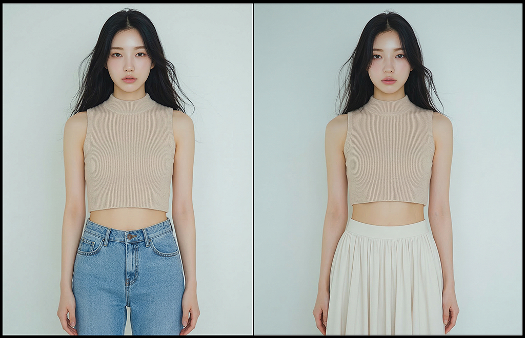 기준 모델을 유지한 상태에서 상의를 착장 묘사를 추가하여 생성한 룩북 컷_Nano Banana