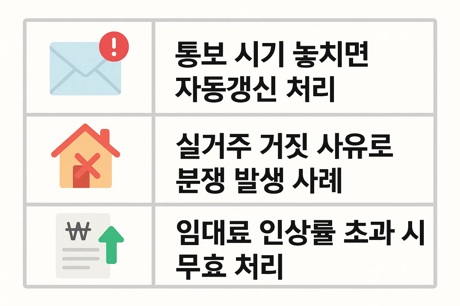 통보 시기 누락 시 자동갱신 처리, 실거주 거짓으로 인한 분쟁 사례, 임대료 인상률 초과 시 무효 처리 기준을 정리한 인포그래픽.