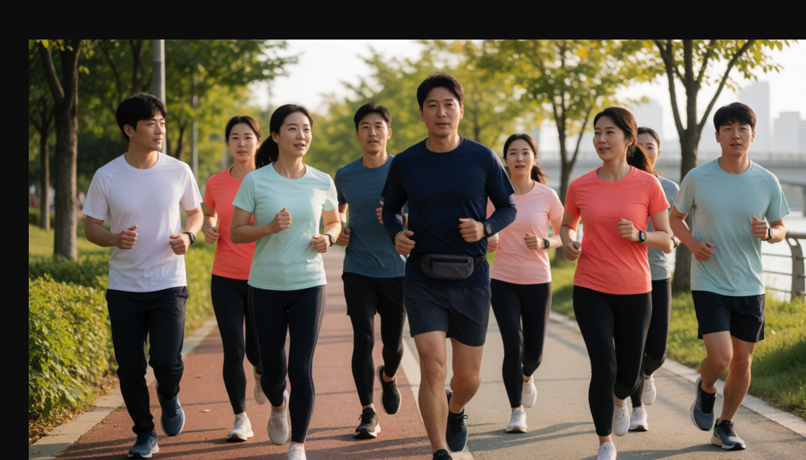 강변 공원 길을 함께 달리는 성인 아홉 명
