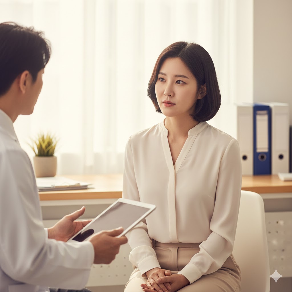 병원에서 의사와 상담하는 여성 환자