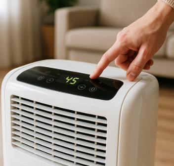 제습기 디스플레이를 손으로 점검하는 장면, 밝은 거실 배경