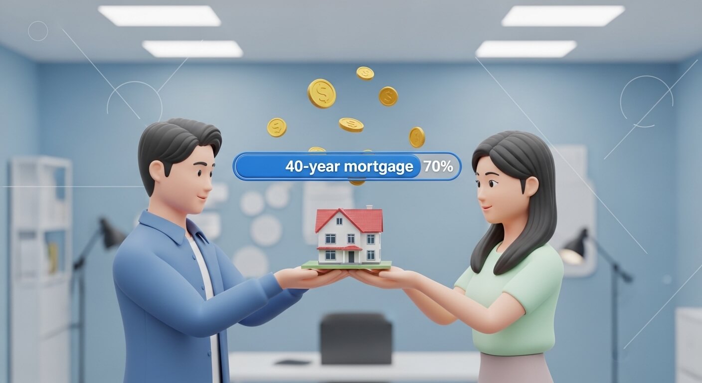 남녀가 손을 맞대고 주택을 모형을 들고 있으면-40념모기지라고 써여있다