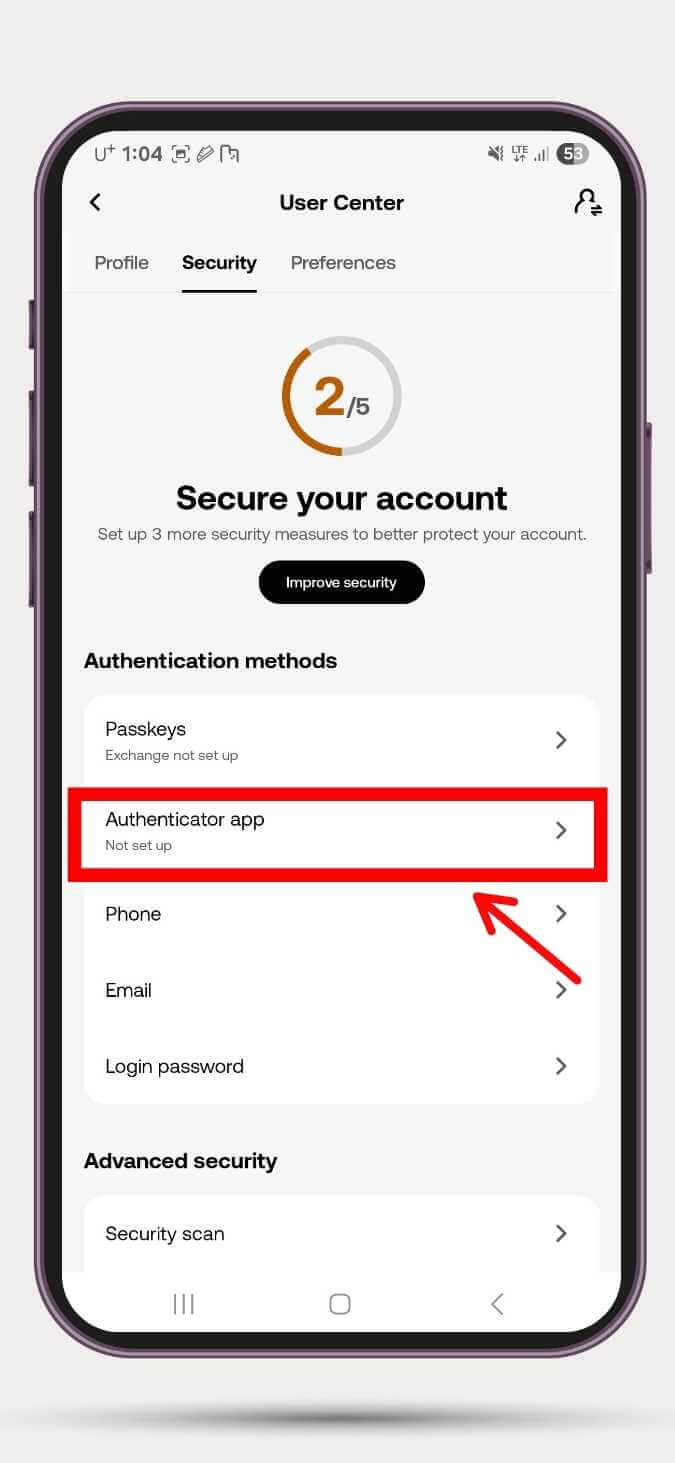 Authenticator app 인증 앱 부분을 가리키고 있다.