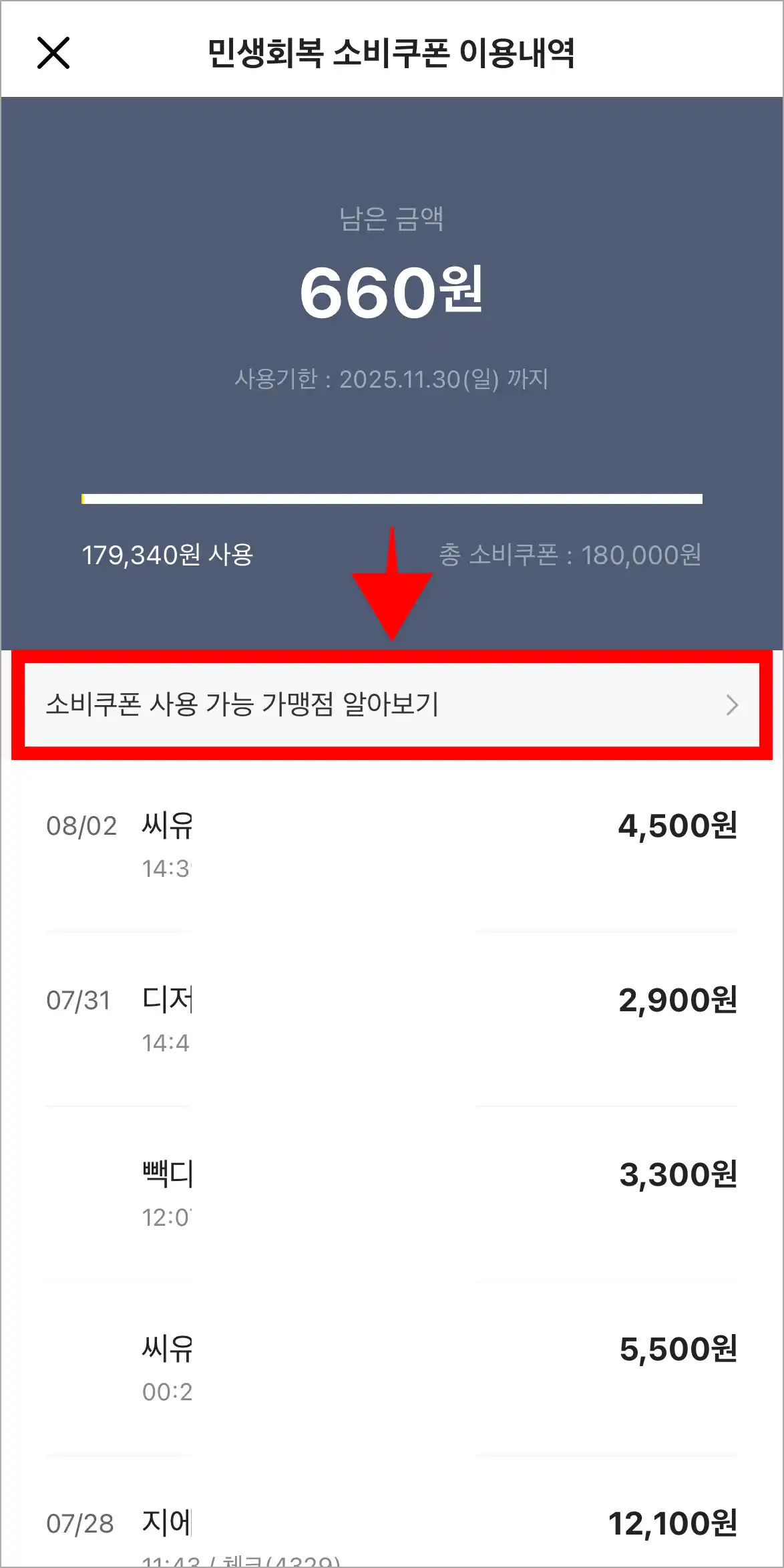 카카오뱅크 앱의 민생회복 소비쿠폰 이용내역 메뉴에서 '소비쿠폰 사용 가능 가맹점 알아보기'를 선택