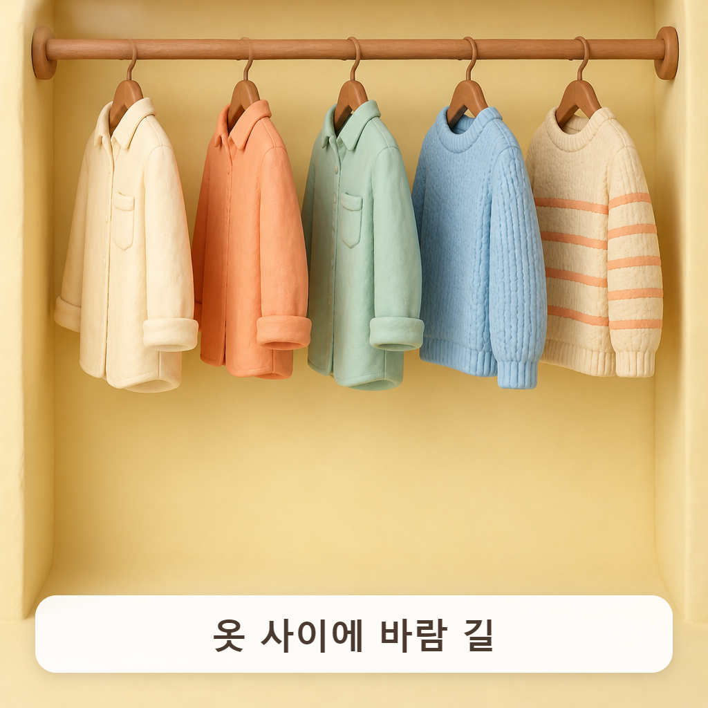 옷걸이 사이사이 여유를 두고 걸린 옷장 속 셔츠들