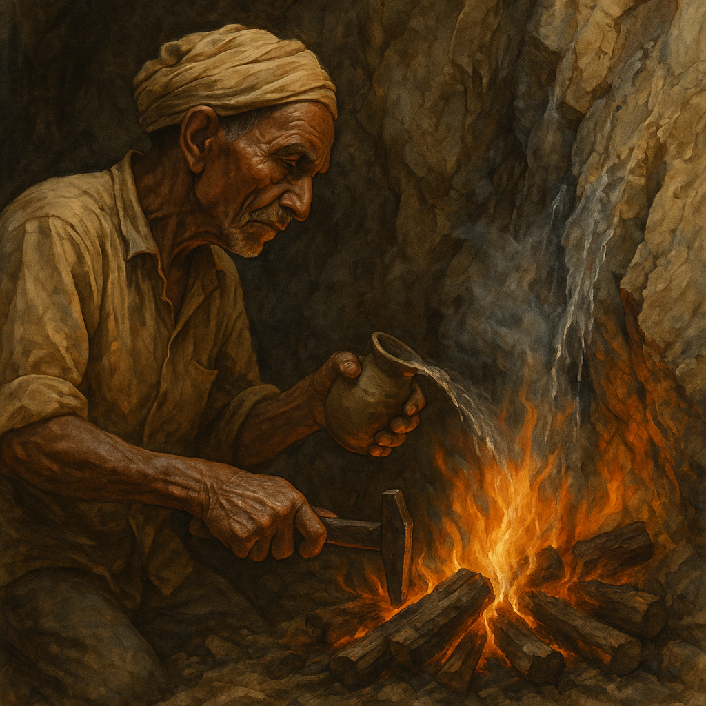 암석을 깨기위해 불을 피우는 만지히