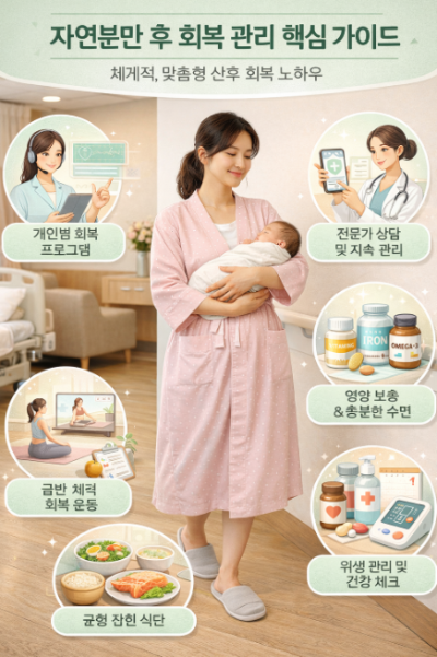 자연분만 후 산후 회복 가이드 안내 이미지, 아기를 안고 있는 산모와 회복 프로그램, 상담, 영양 관리 정보