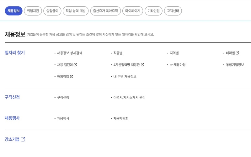 워크넷 채용정보 메뉴 소개