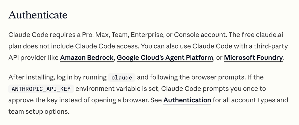 Claude Code 공식 설치 문서의 Authenticate 섹션, Pro&middot;Max&middot;Team&middot;Enterprise 또는 Console 계정이 필요하고 무료 플랜은 포함되지 않는다는 안내