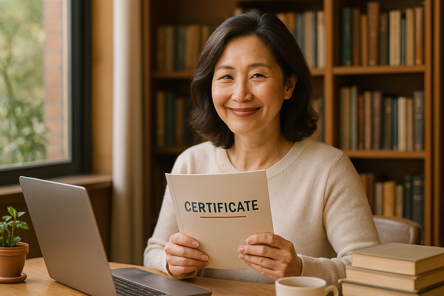 노트북 앞에서 ‘CERTIFICATE’라고 적힌 증서 책자를 들고 환하게 웃고 있는 50대 중년 여성의 모습
