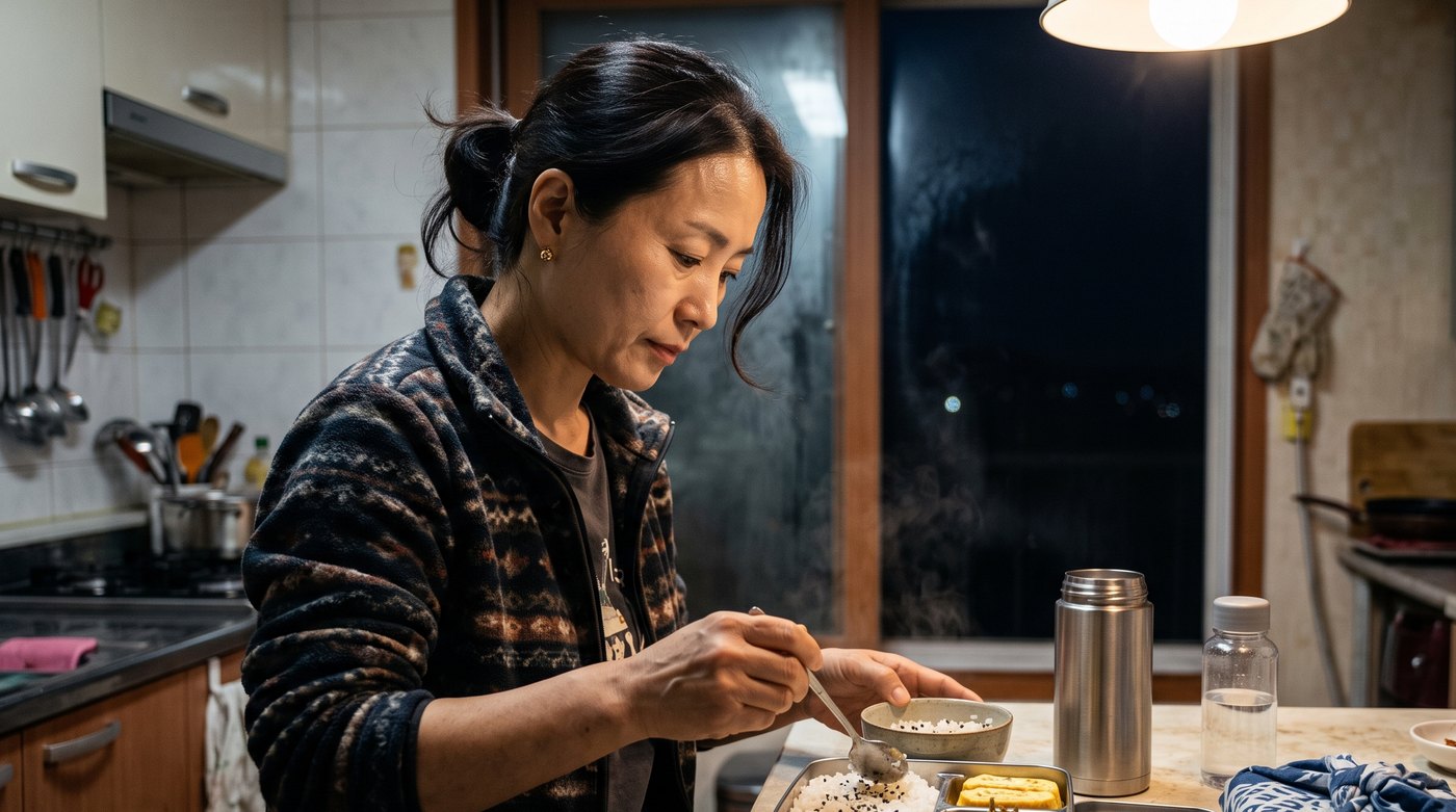 수능 전날 밤 주방에서 보온 도시락과 물병을 챙기는 모습