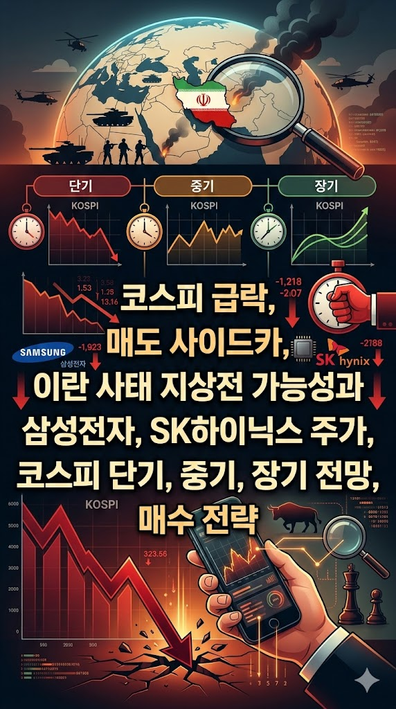 코스피 급락, 매도 사이드카, 이란 사태 지상전 가능성과 삼성전자, SK하이닉스 주가, 코스피 단기, 중기, 장기 전망, 매수 전략