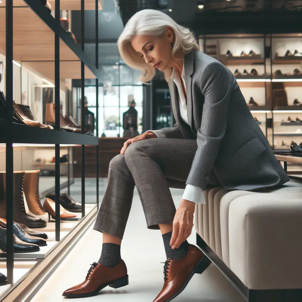 가죽 신발을 신어보는 세련되고 우아한 여성