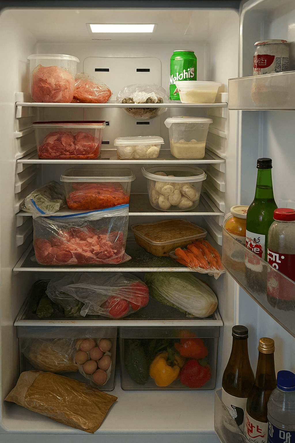 정리되지 않은 냉장고 내부, 덮개 없는 용기와 포장재가 흩어져 있고, 날고기와 채소가 함께 보관된 모습