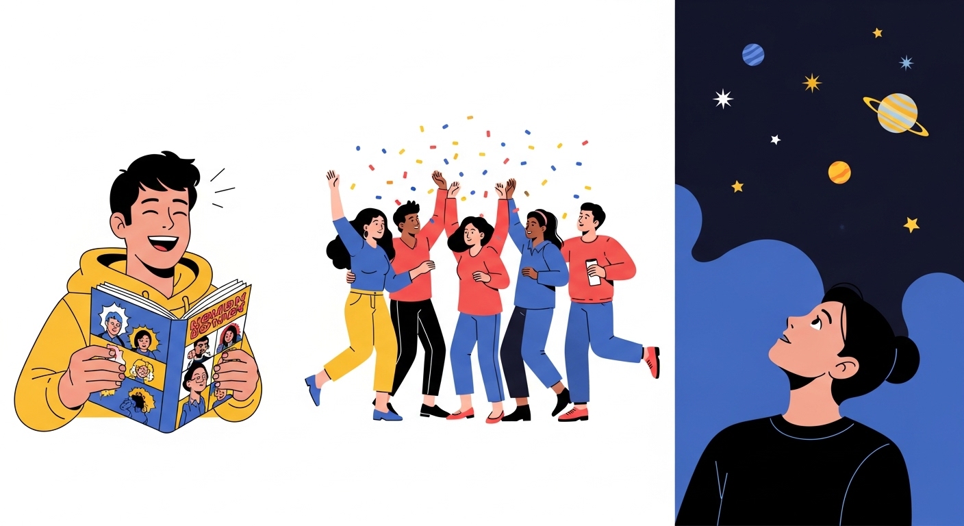 세 가지 다른 종류의 '재미'를 표현하는 밝고 친근한 스타일의 일러스트.