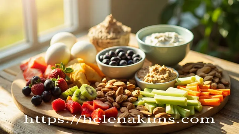 식탁 위 나무 쟁반에 블루베리, 그릭요거트, 견과류, 키위 등 과일과 삶은 달걀이 놓여 있는 이미지.