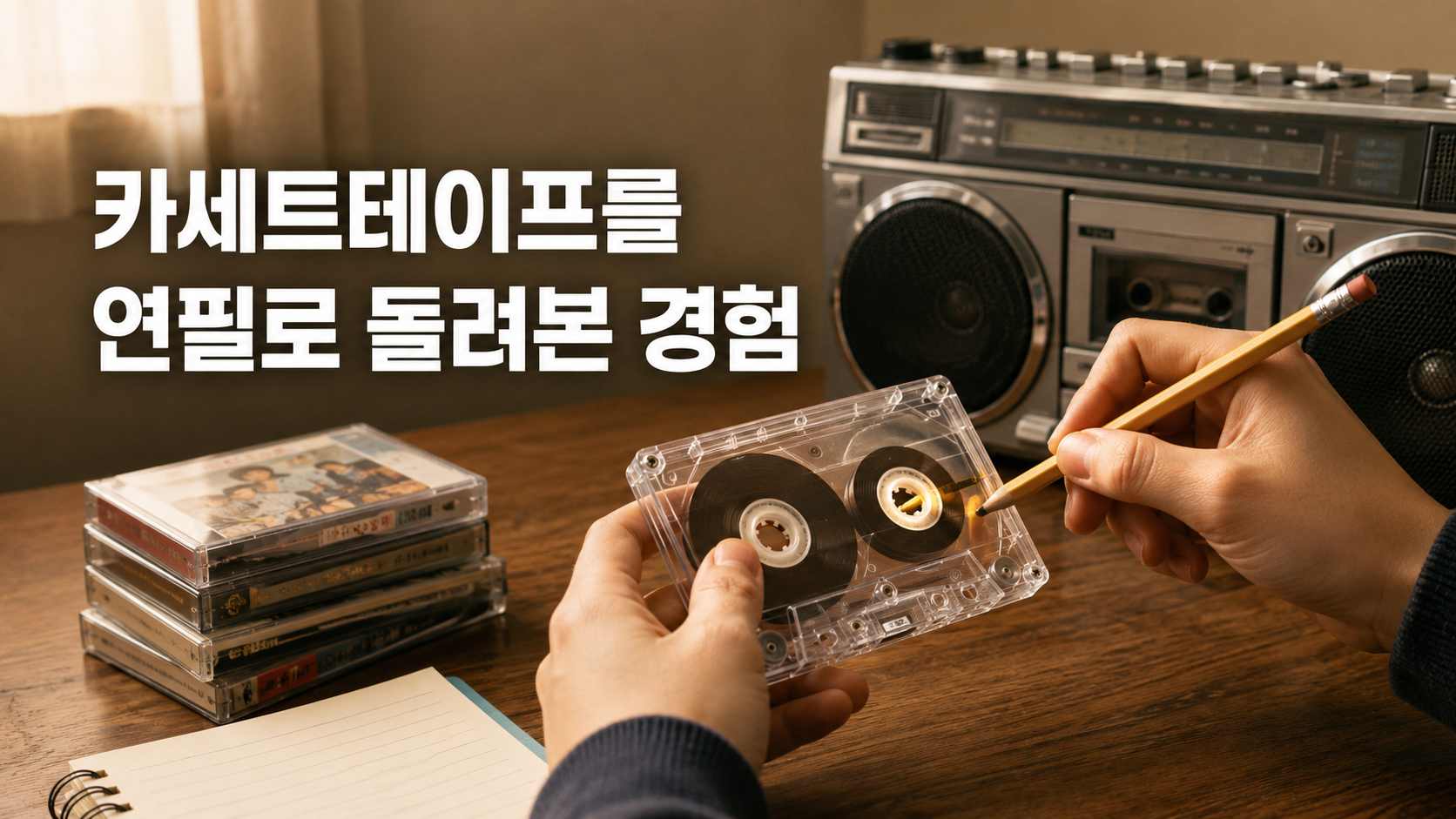 나무 책상 위에서 연필을 카세트테이프의 릴 구멍에 끼워 돌리는 모습과 글 제목