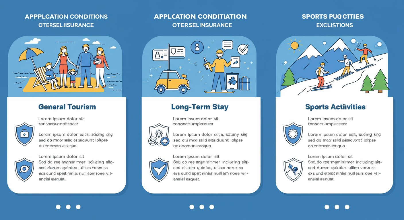 일반 관광, 장기 체류, 스포츠 활동 등 여행 목적에 따라 달라지는 해외 여행자 보험 적용 조건을 보여주는 이미지.