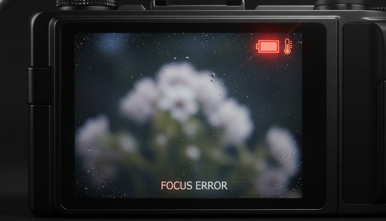 오토포커스 오류와 배터리 부족 현상을 보여주는 캐논 G7X Mark3 카메라 스크린 화면