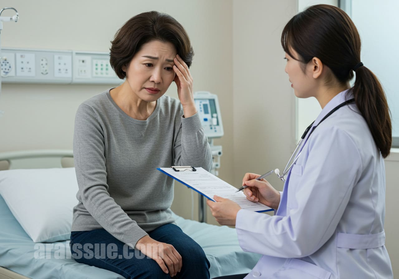 불면증 진단 받는 중년 여성 모습