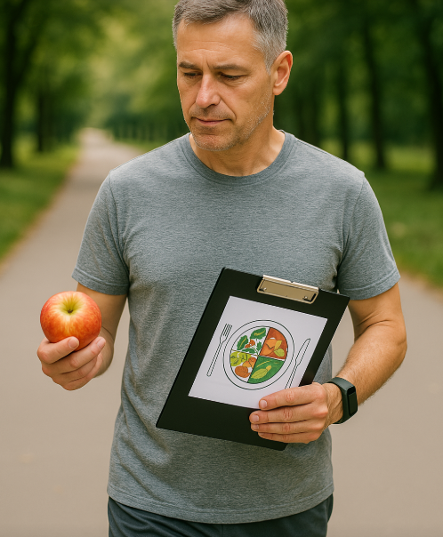 고지혈증 예방을 위해 식단을 관리하며 걷기 운동을 하는 중년 남성