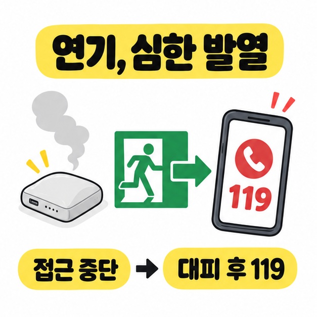 연기가 나는 보조배터리와 출구 표시 및 119 전화 화면을 연결해 접근 중단과 대피 후 신고를 안내하는 그림
