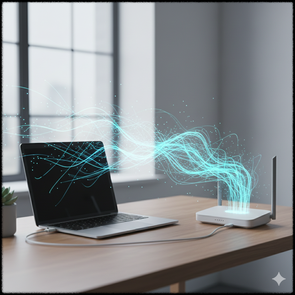 노트북과 Wi-Fi 공유기가 책상 위에 있는 모습