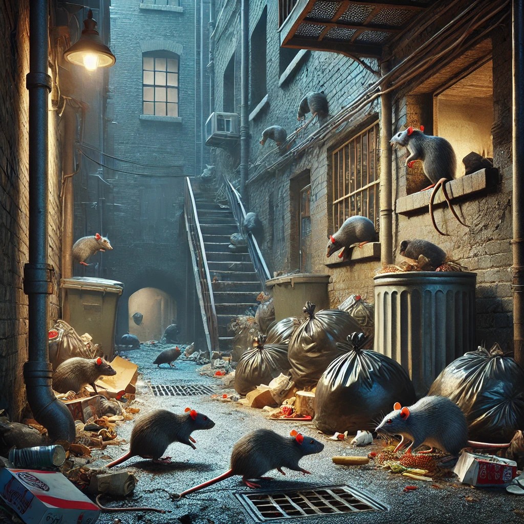 도심의 쓰레기 더미 근처를 다니는 쥐 사진