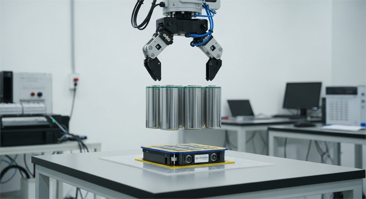 로봇 그리퍼가 차세대 배터리 모듈 위에 위치한 장면 