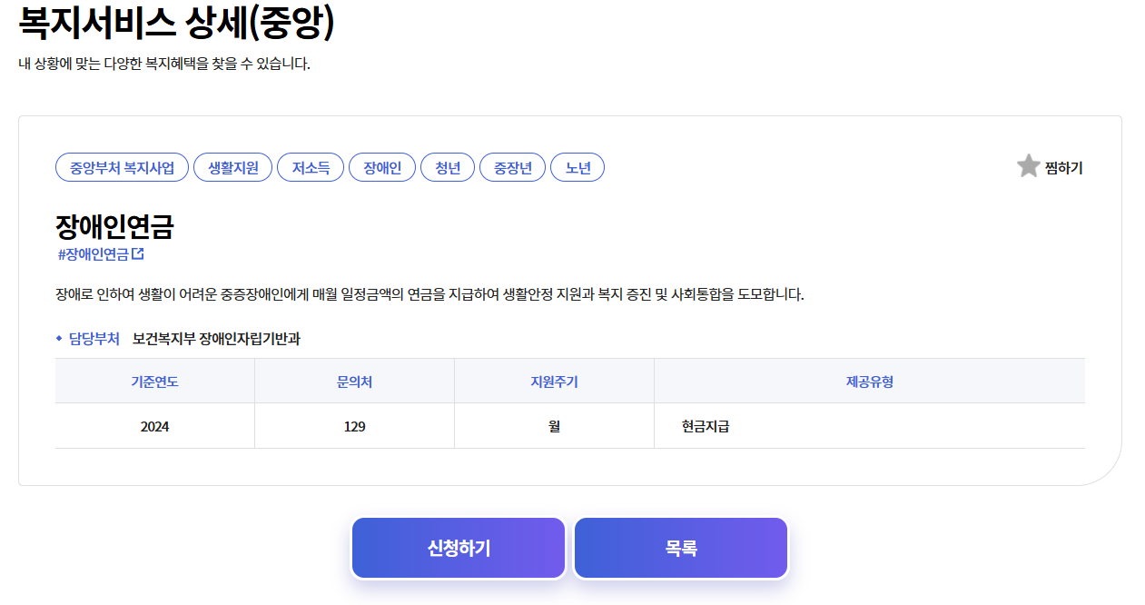 복지로 장애인연금 신청화면