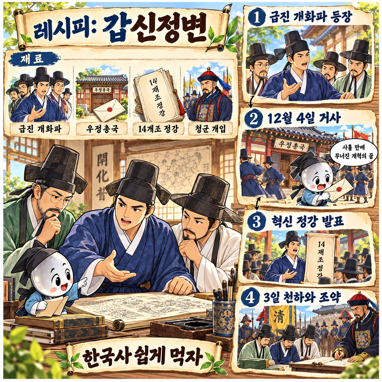 갑신정변 과정을 레시피 형식으로 요약한 인포그래픽 이미지