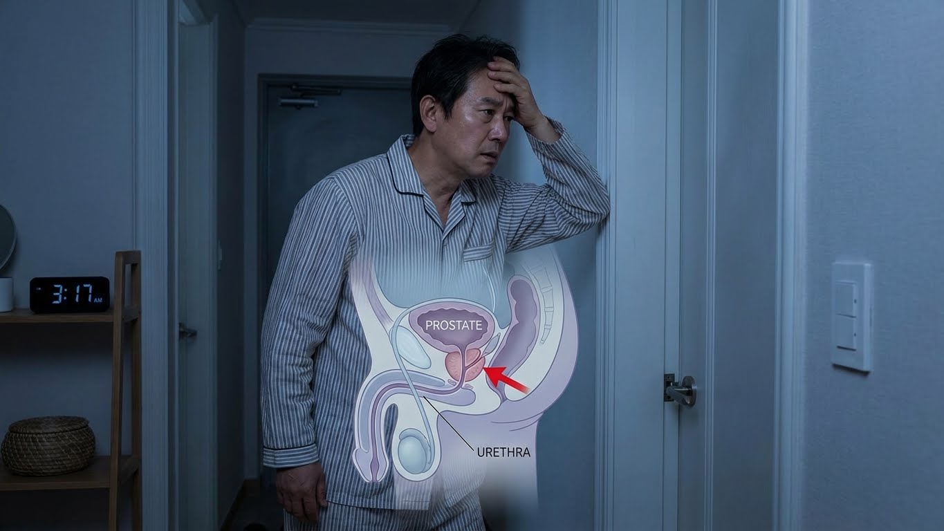 중년 남성이 밤에 잠에서 깨어 화장실 앞에서 괴로운 표정으로 서 있는 사진