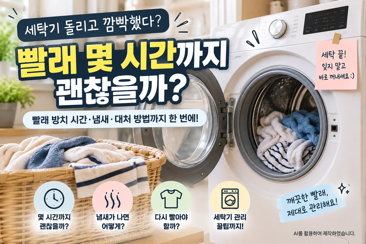세탁기 돌리고 빨래를 바로 꺼내지 않았을 때 방치 시간과 냄새, 재세탁 방법을 설명하는 이미지
