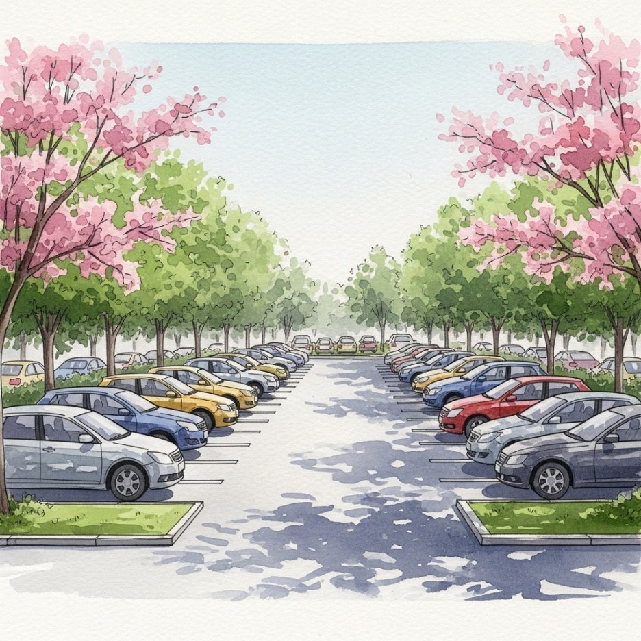 꽃나무 사이로 여유롭게 배치된 공원 주차장 전경