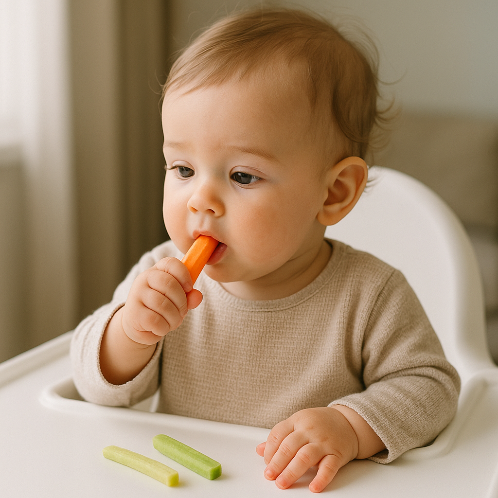 아기가 채소스틱을 스스로 먹고 있는 사진