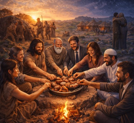 사람들이 음식을 함께 나누며 신뢰와 협력을 바탕으로 공동체와 사회적 관계를 형성해 온 과정을 그린 사진입니다.