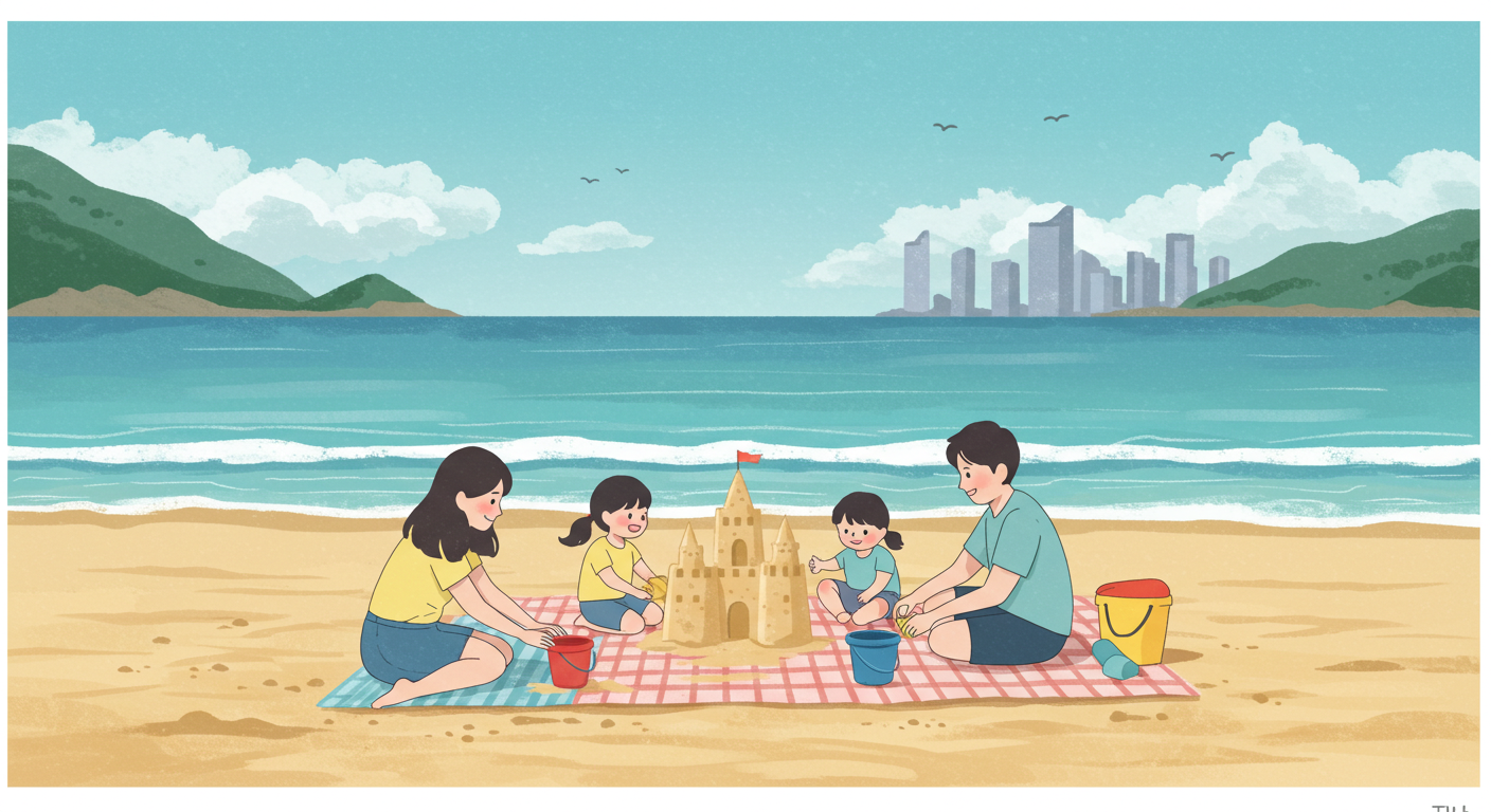 송정해변 가족 바다체험 여행 일러스트