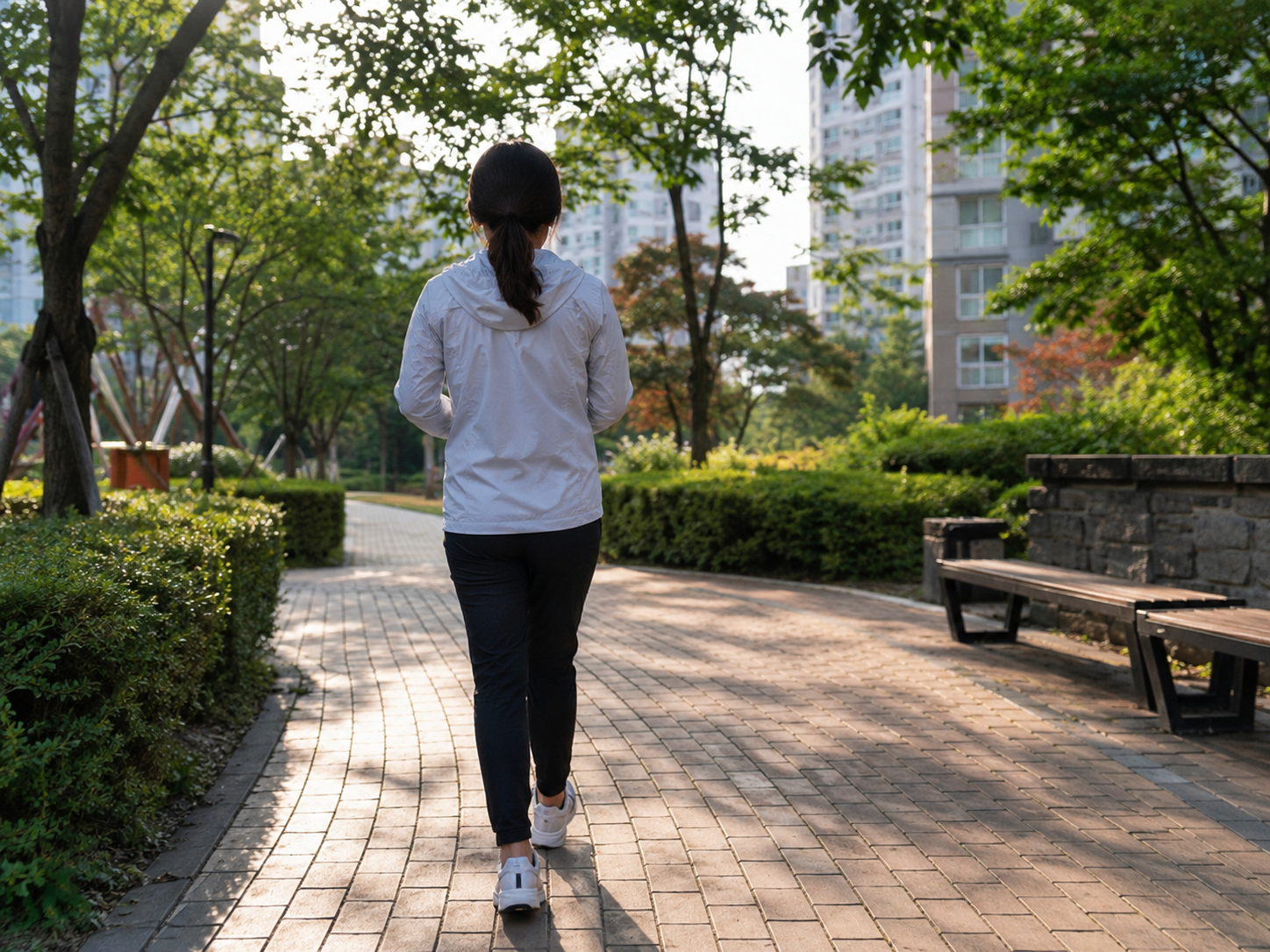 아파트 단지에서 아침 산책을 하는 40대 엄마의 뒷모습