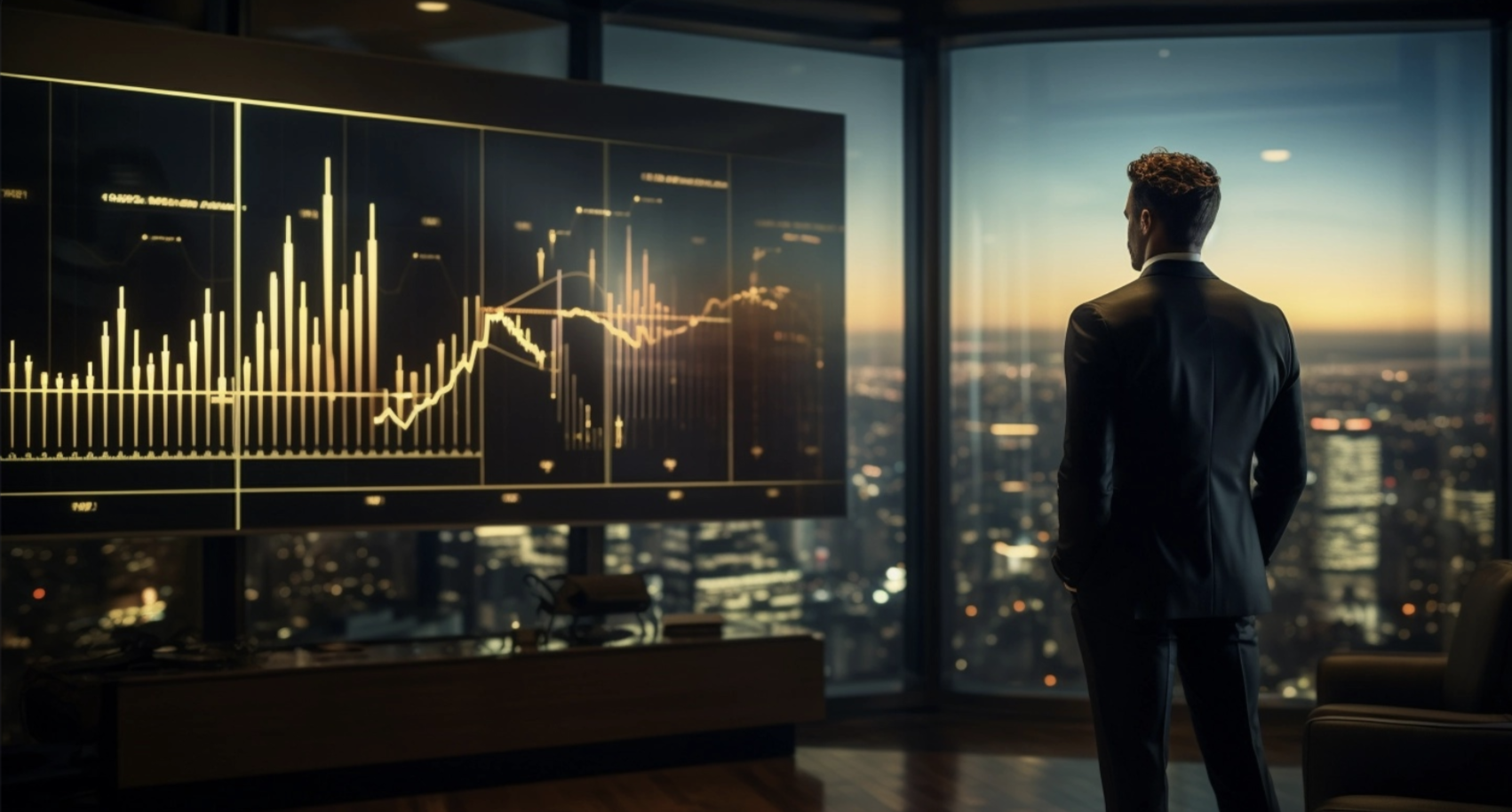비지니스맨이 비트코인 챠트를 보는 사진 이미지