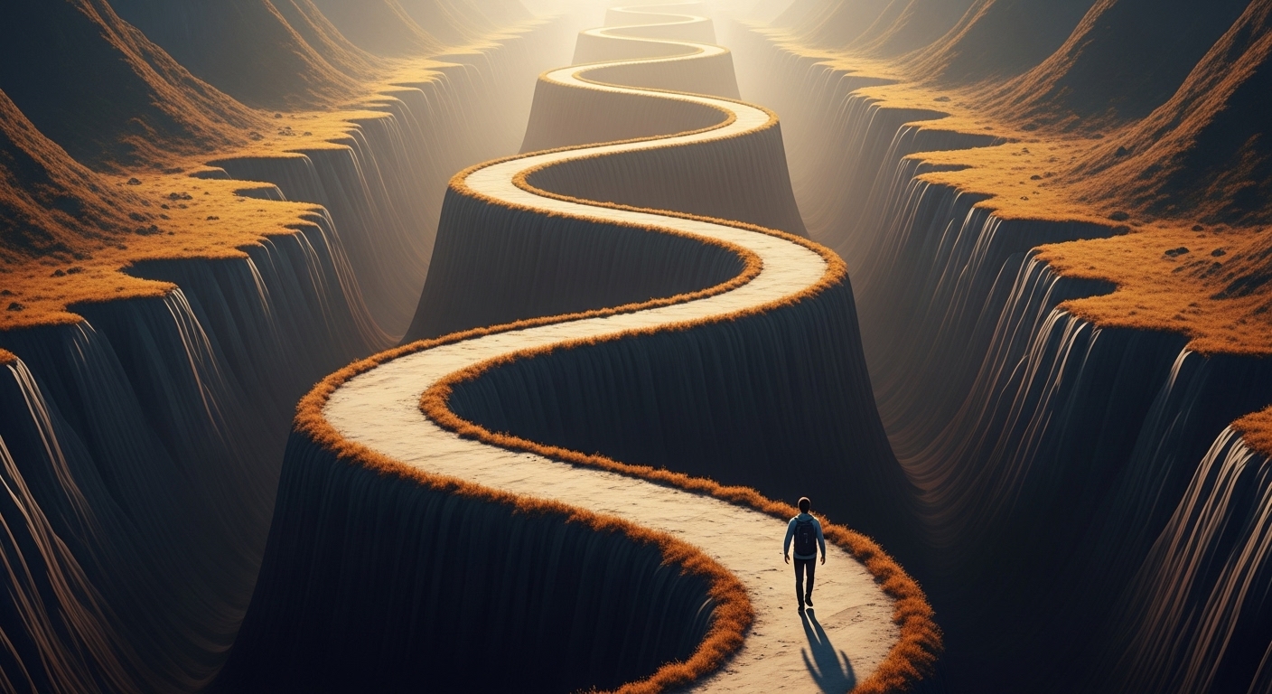 성공의 봉우리와 실패의 계곡이 있는 길을 계속 걸어가는 사람의 모습.