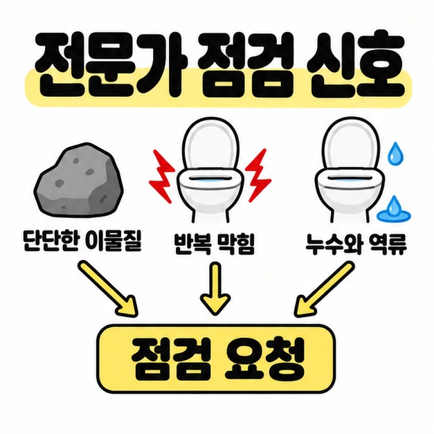 단단한 이물질, 반복 막힘, 누수와 역류를 돌과 변기 그림으로 표현하고 세 화살표를 점검 요청으로 연결한 이미지