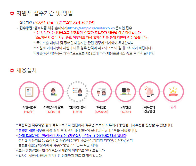 샘표식품 채용 - 지원서 접수 기간 및 채용절차