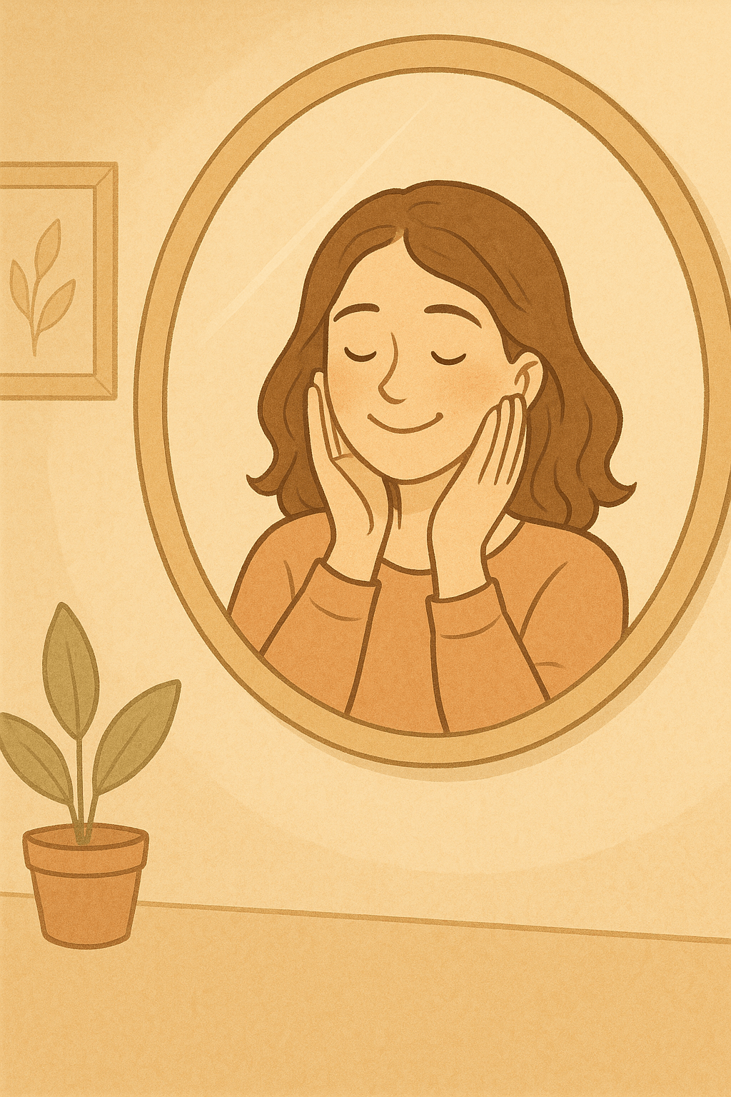 거울 앞에서 눈을 감고 편안하게 웃고 있는 젊은 여성(출처**자체제작)