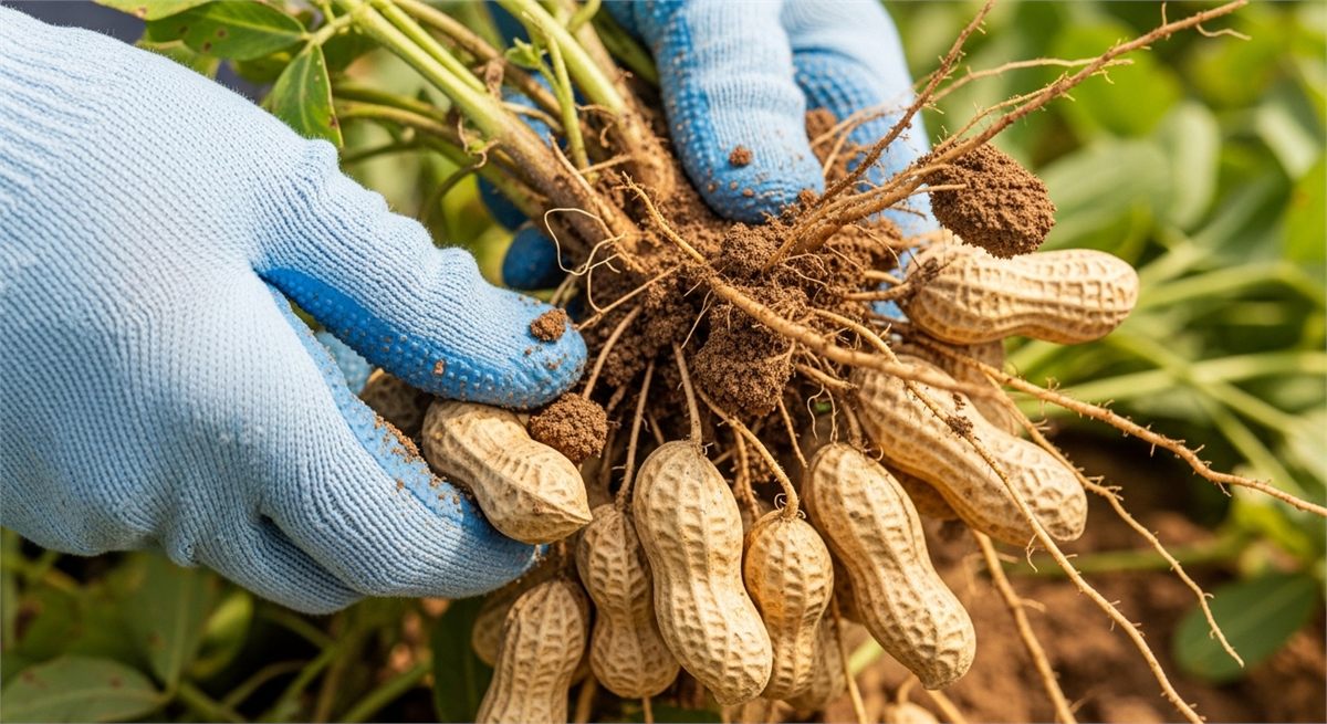 땅콩 포기를 뽑아 꼬투리 상태를 확인하는 장면