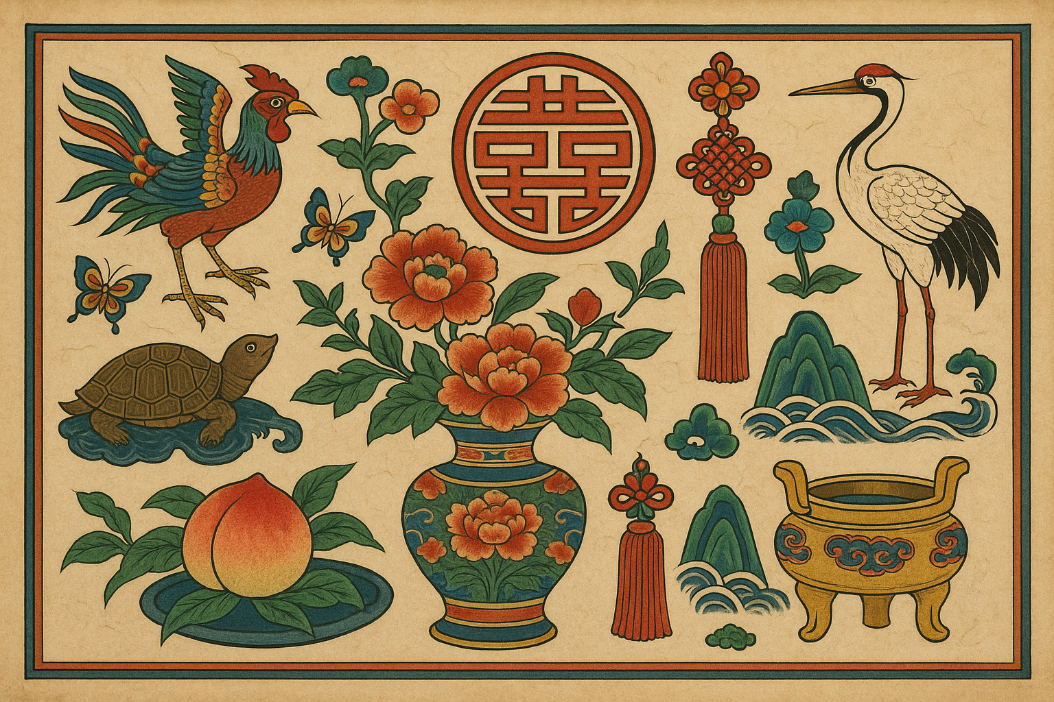 한국 전통 길상 문양이 담긴 민화와 장식물의 상징적 이미지를 표현한 그림